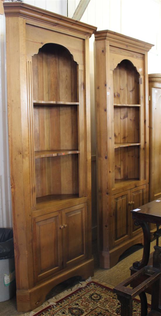 Pair of pine standing open corner cupboards